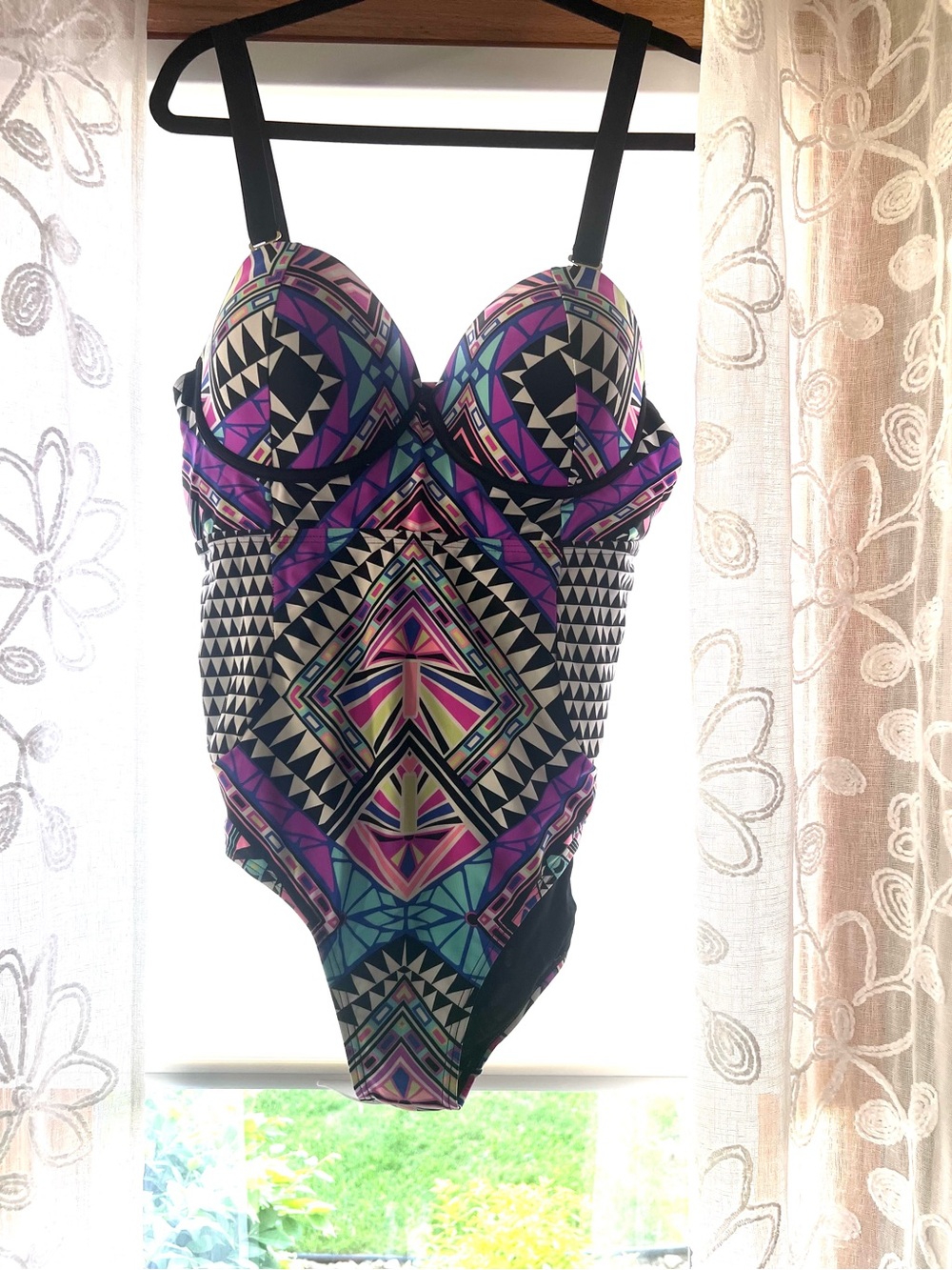 Swimsuits For All Geo-Print One-Piece Swimsuit in Purple, Black, Teal and Pink